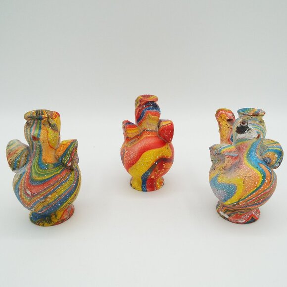 Multicolor Marbled Chicken Rooster Clay Whistle Figurines Folk Art Set of 3 - Picture 2 of 16
